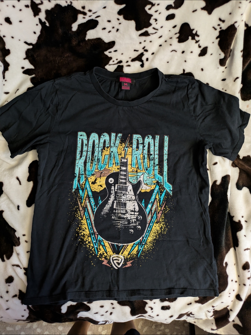 Black Rock & Roll Denim Graphic Short Sleeve Tee with Rhinestones